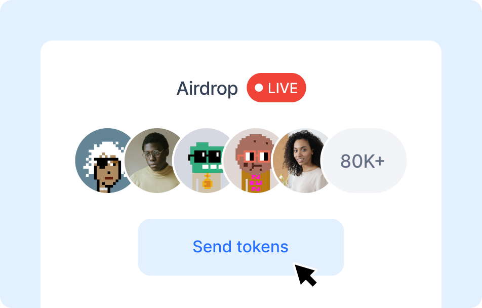 A cursor hovering over the 'Send Tokens' button, highlighting the feature to send tokens to multiple community members simultaneously.